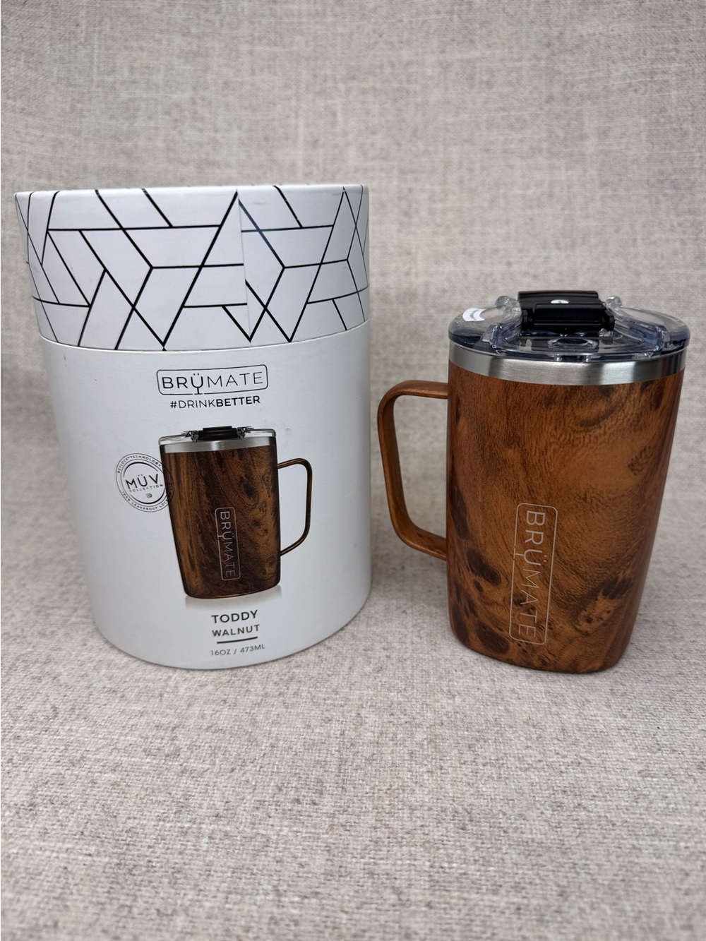 New Brumate Toddy Coffee Mug 16 oz insulated coffee cup leakproof lid wood grain